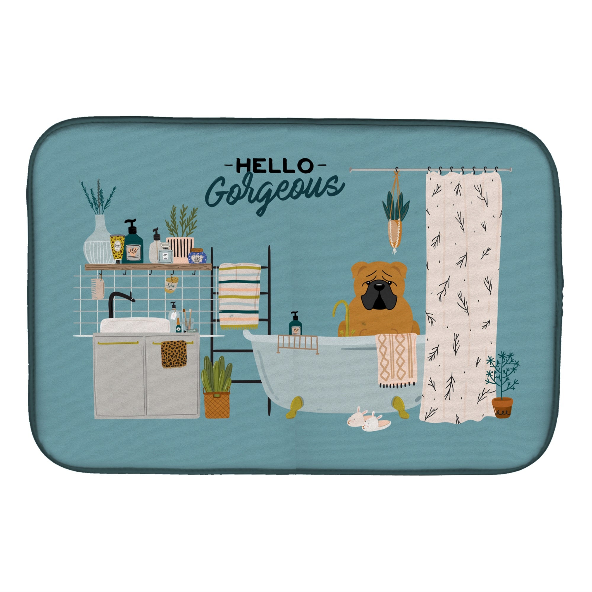 Red English Bulldog In Bathtub  Dish Drying Mat